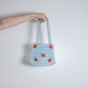 Cute aqua beaded bag with strawberries. HANDMADE